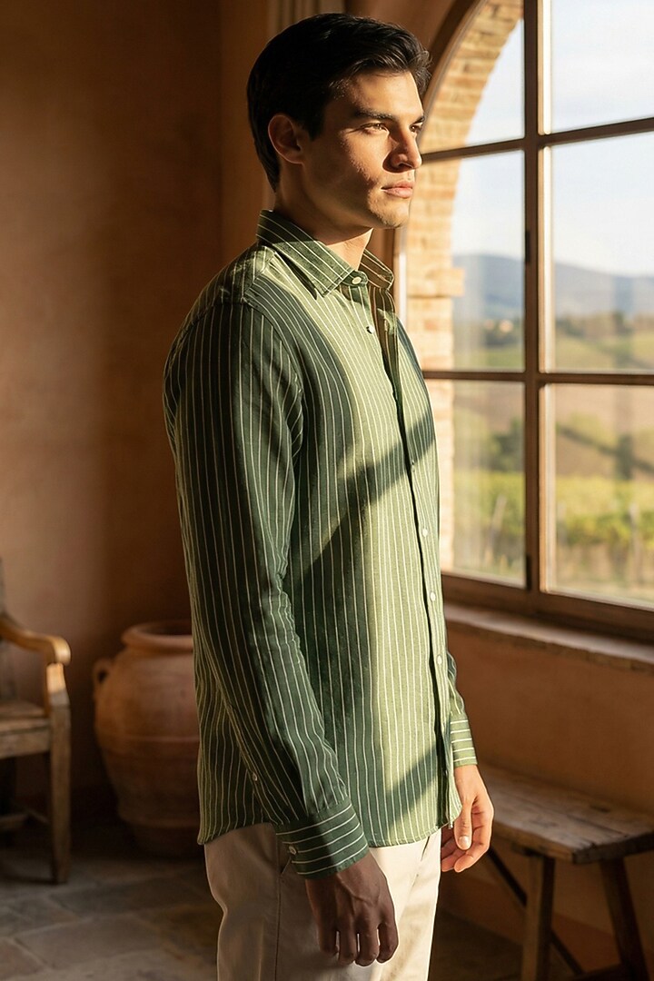Green Linen Printed Summer Shirt by Eleven Brothers at Pernia's Pop Up Shop