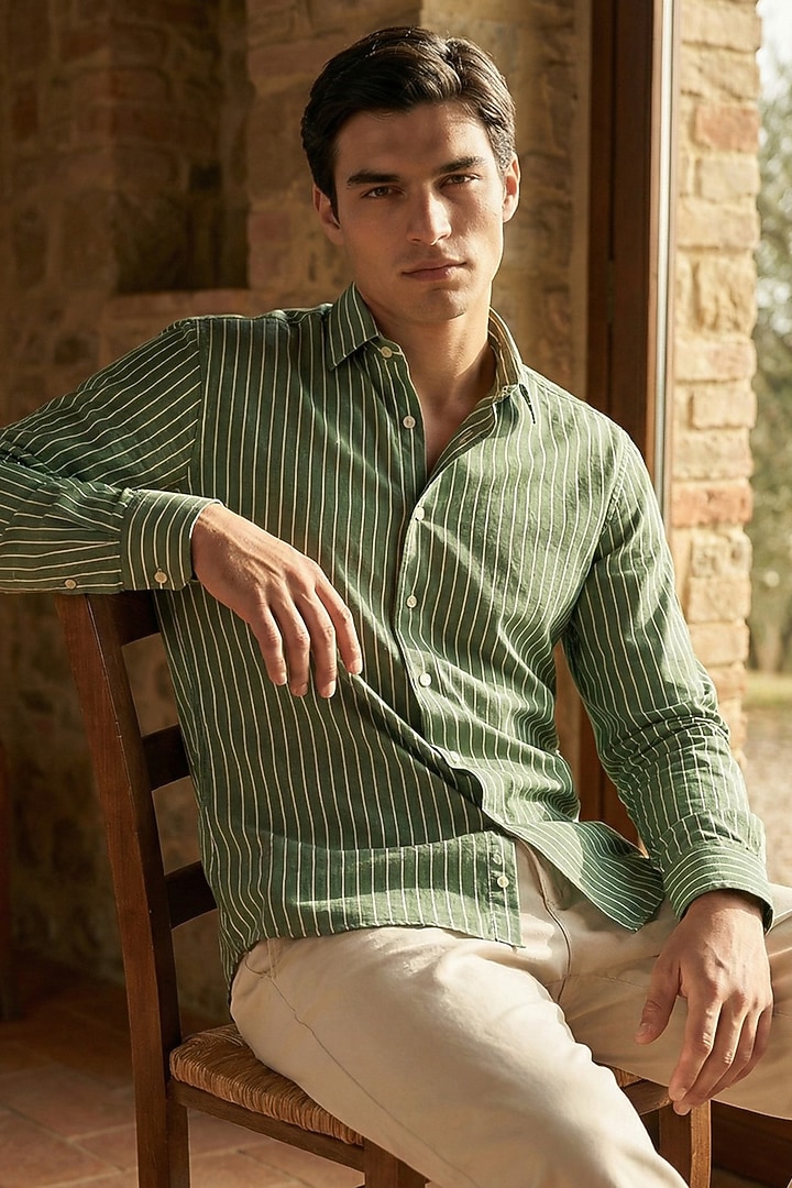 Green Linen Printed Summer Shirt by Eleven Brothers at Pernia's Pop Up Shop