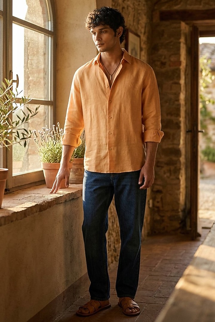 Orange Linen Summer Shirt by Eleven Brothers at Pernia's Pop Up Shop