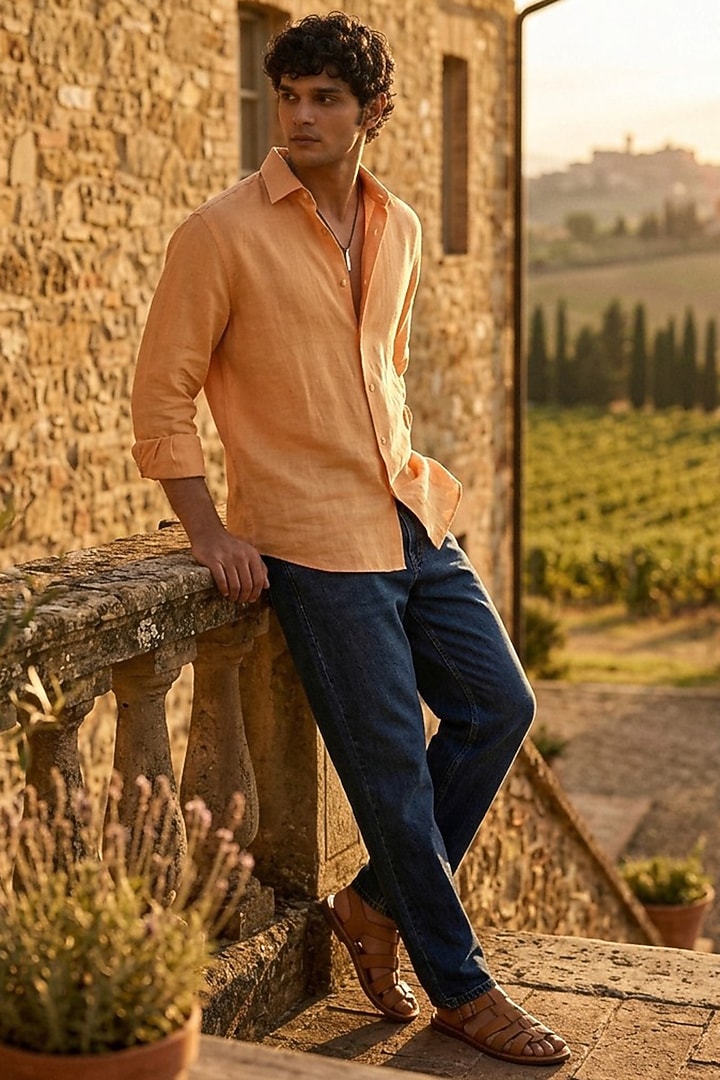Orange Linen Summer Shirt by Eleven Brothers at Pernia's Pop Up Shop