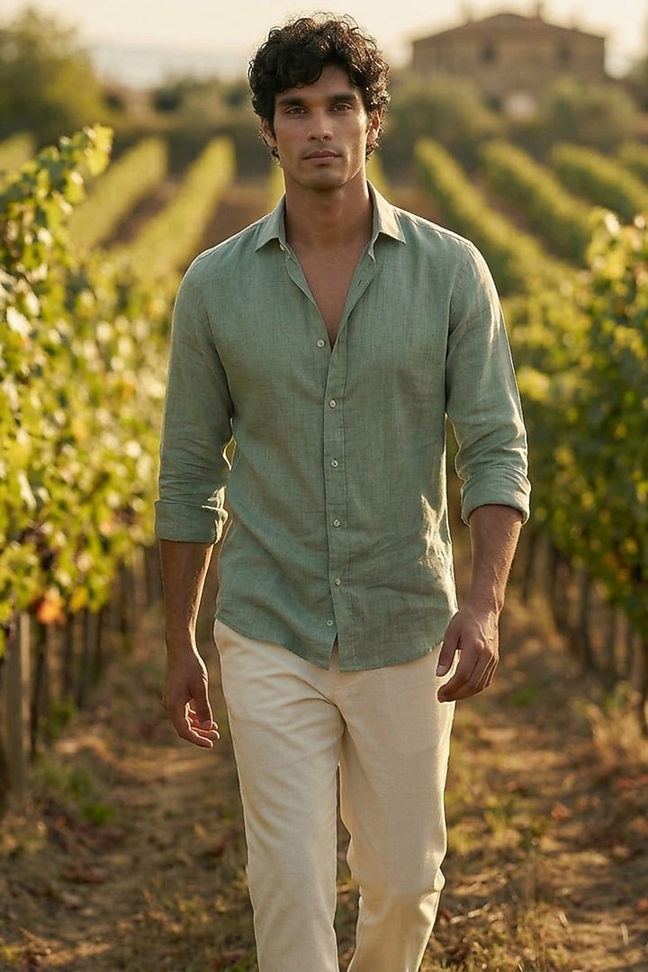 Green Linen Printed Summer Shirt by Eleven Brothers at Pernia's Pop Up Shop
