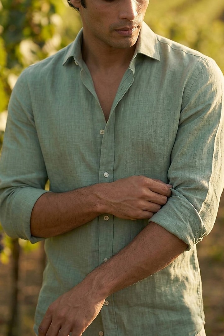 Green Linen Printed Summer Shirt by Eleven Brothers at Pernia's Pop Up Shop