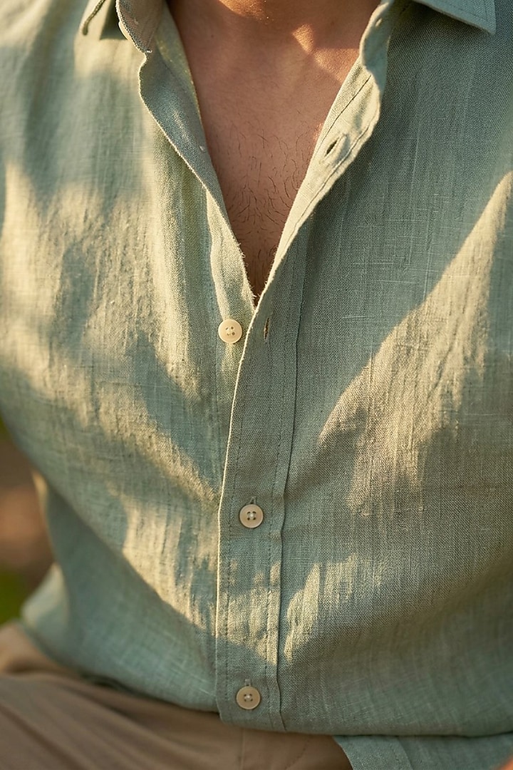Green Linen Printed Summer Shirt by Eleven Brothers at Pernia's Pop Up Shop