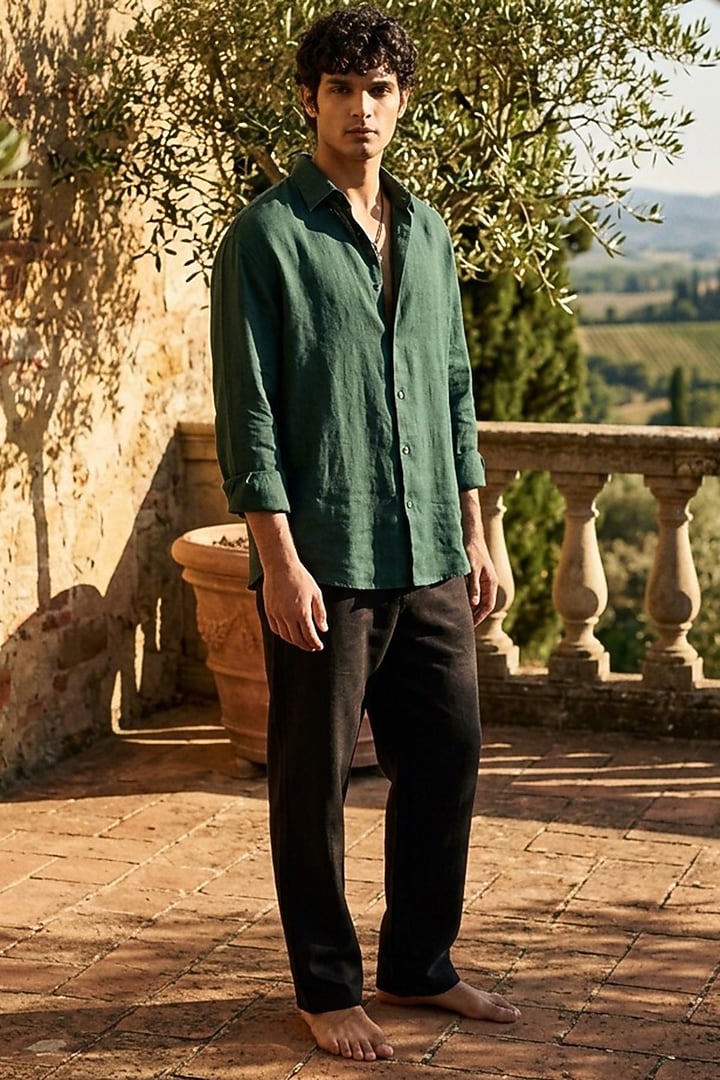 Olive Green Linen Summer Shirt by Eleven Brothers at Pernia's Pop Up Shop