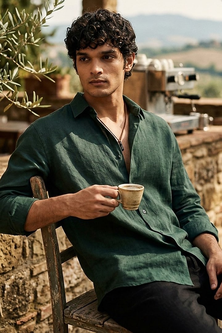 Olive Green Linen Summer Shirt by Eleven Brothers at Pernia's Pop Up Shop