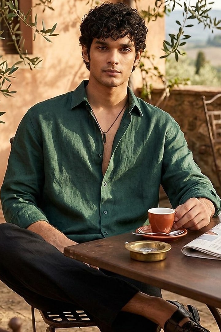 Olive Green Linen Summer Shirt by Eleven Brothers at Pernia's Pop Up Shop