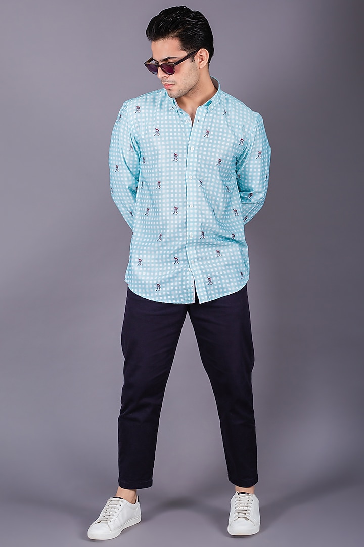 Blue Cotton Twill Checkered Summer Shirt by Eleven Brothers at Pernia's Pop Up Shop