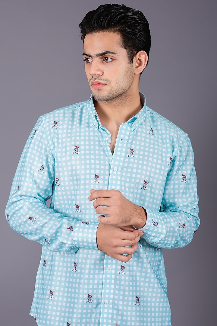 Blue Cotton Twill Checkered Summer Shirt by Eleven Brothers at Pernia's Pop Up Shop