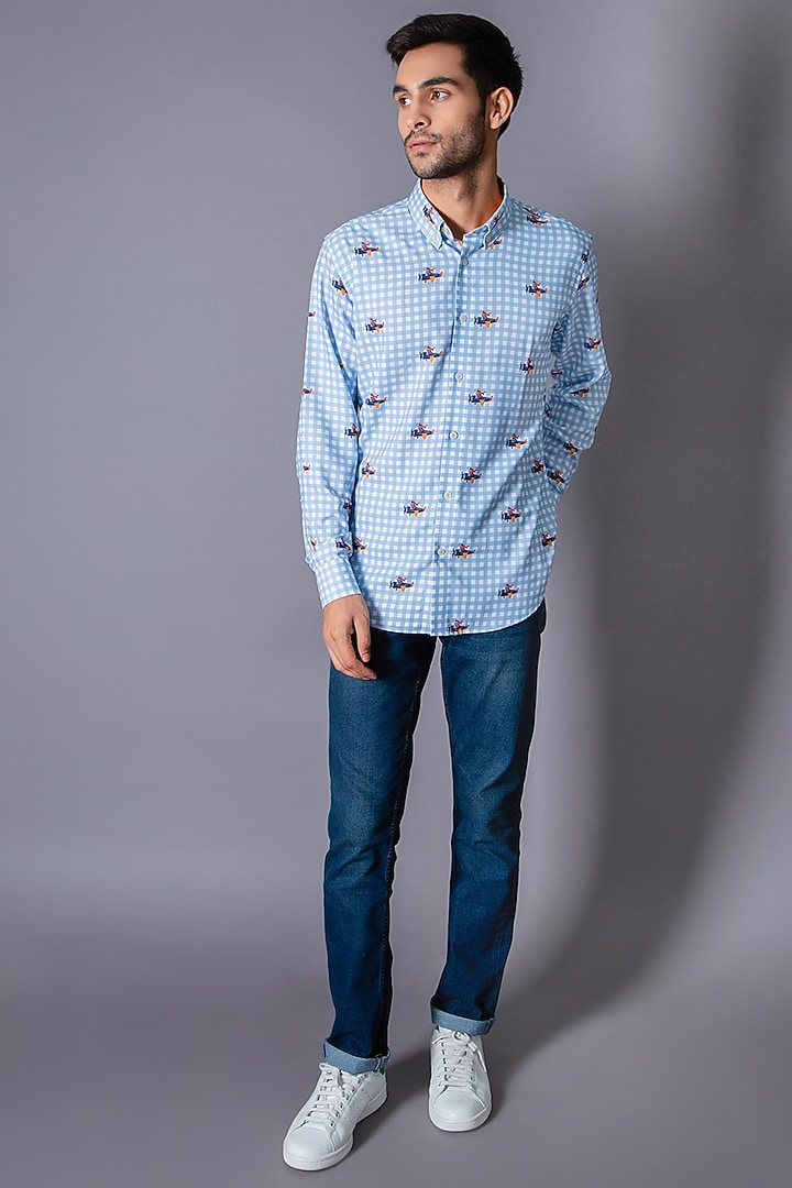 Blue Cotton Twill Checkered Summer Shirt by Eleven Brothers at Pernia's Pop Up Shop