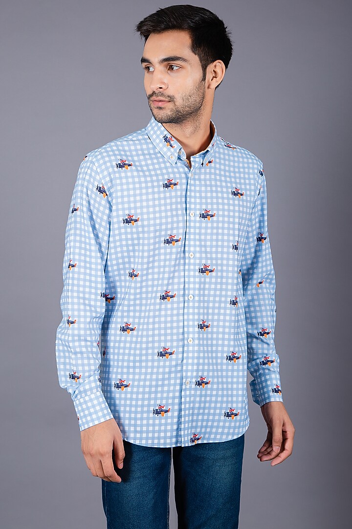 Blue Cotton Twill Checkered Summer Shirt by Eleven Brothers at Pernia's Pop Up Shop