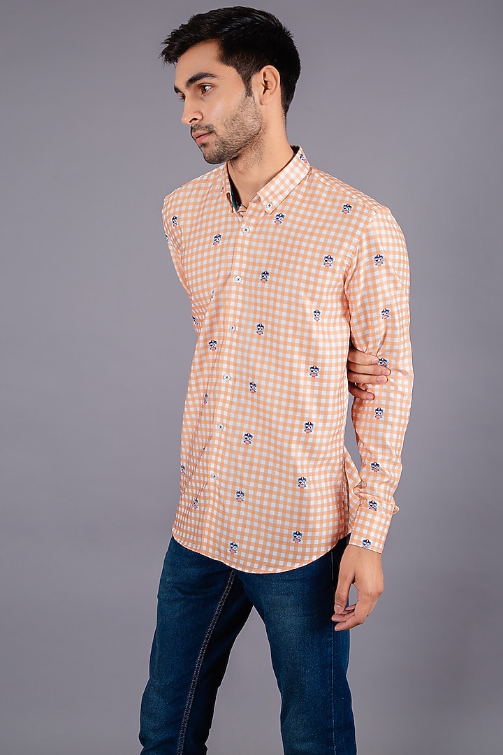 Orange Cotton Twill Checkered Summer Shirt by Eleven Brothers at Pernia's Pop Up Shop