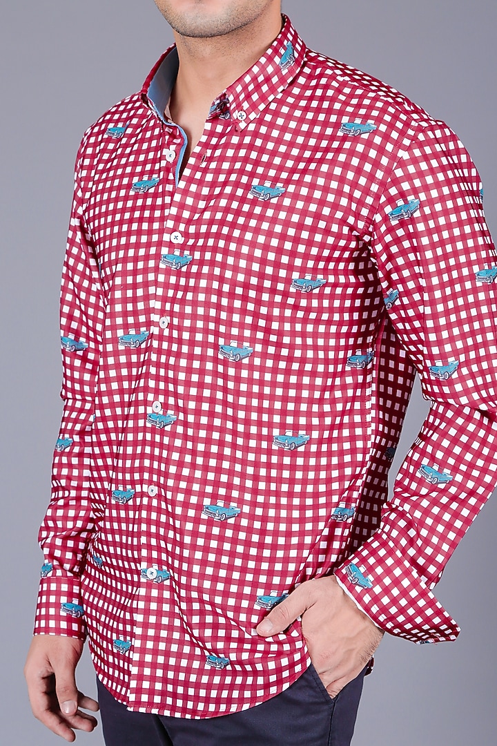 Red Cotton Twill Checkered Summer Shirt by Eleven Brothers at Pernia's Pop Up Shop