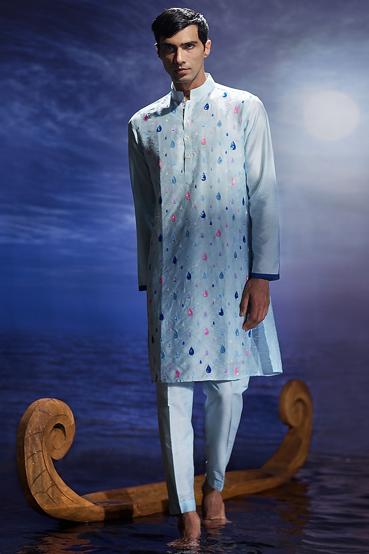 Light Blue Chanderi Hand Embroidered Kurta Set by Eleven Brothers