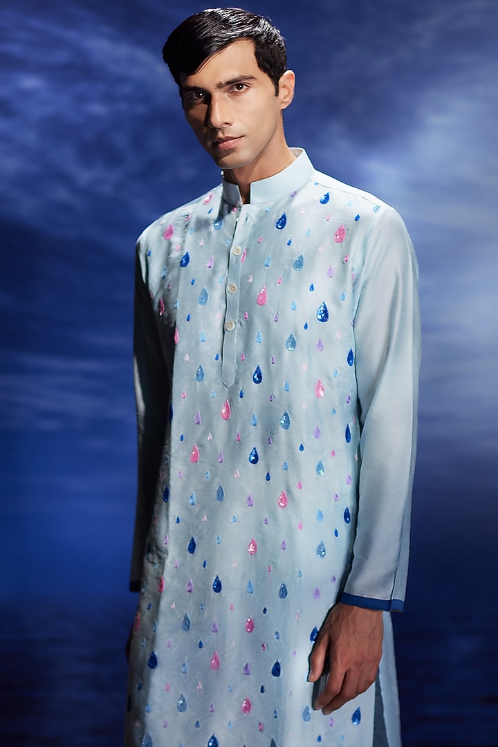 Light Blue Chanderi Hand Embroidered Kurta Set by Eleven Brothers at Pernia's Pop Up Shop