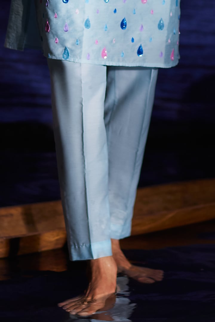 Light Blue Chanderi Hand Embroidered Kurta Set by Eleven Brothers at Pernia's Pop Up Shop