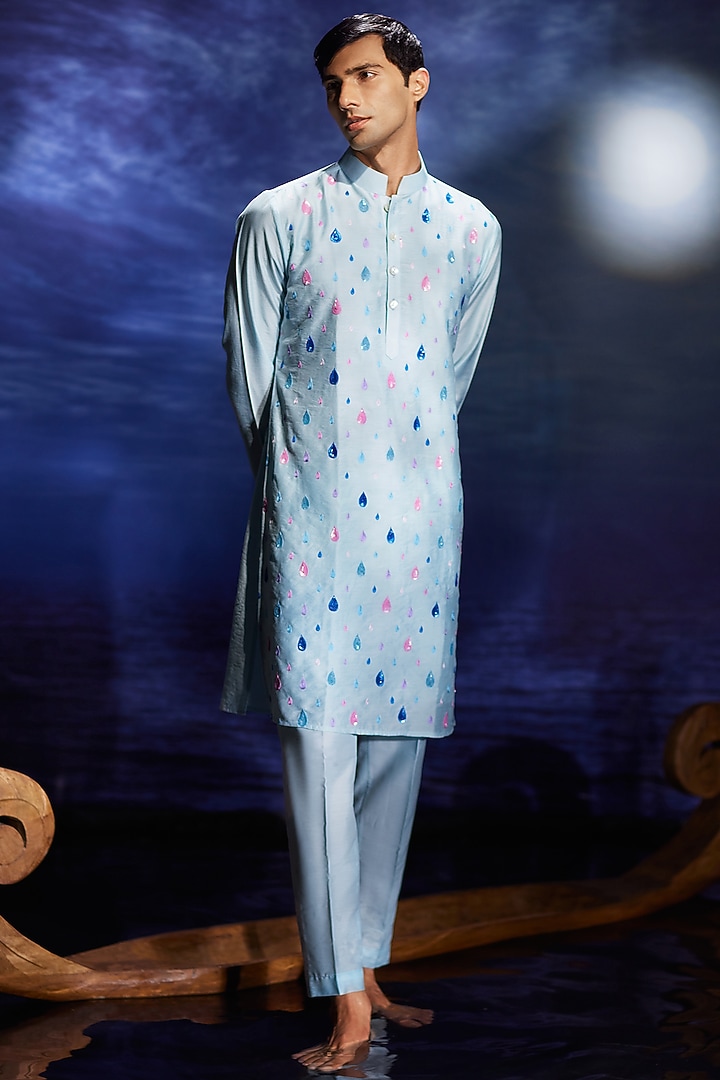 Light Blue Chanderi Hand Embroidered Kurta Set by Eleven Brothers at Pernia's Pop Up Shop