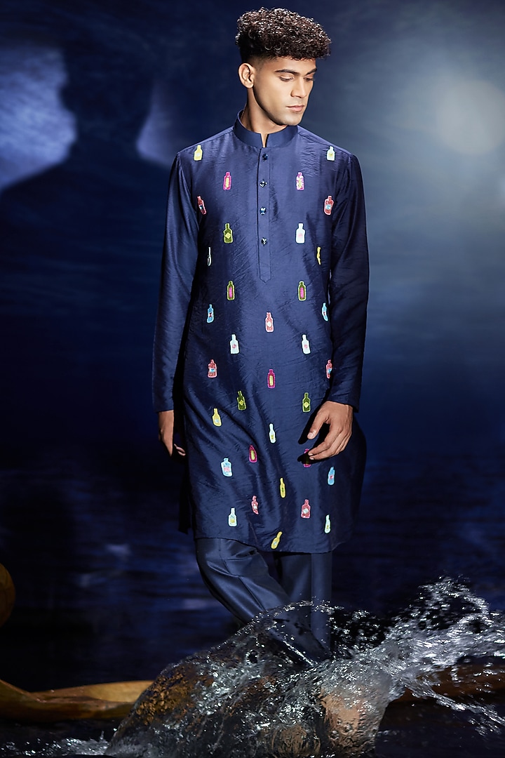 Dark Blue Chanderi Hand Embroidered Kurta Set by Eleven Brothers