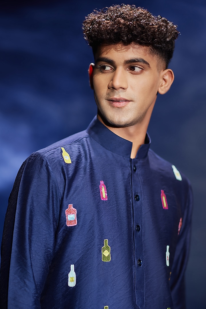 Dark Blue Chanderi Hand Embroidered Kurta Set by Eleven Brothers at Pernia's Pop Up Shop