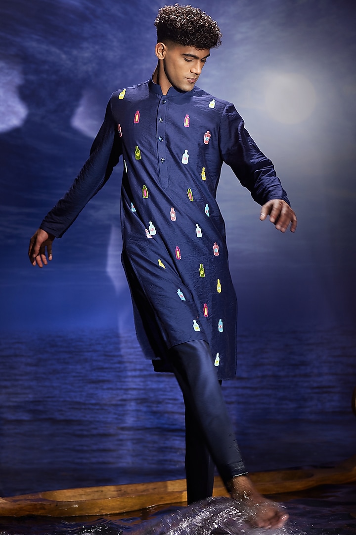Dark Blue Chanderi Hand Embroidered Kurta Set by Eleven Brothers at Pernia's Pop Up Shop
