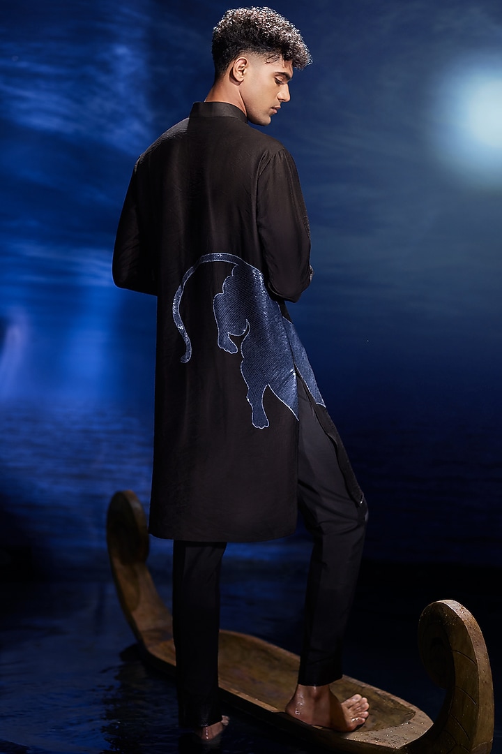 Black Chanderi Hand Embroidered Kurta Set by Eleven Brothers at Pernia's Pop Up Shop