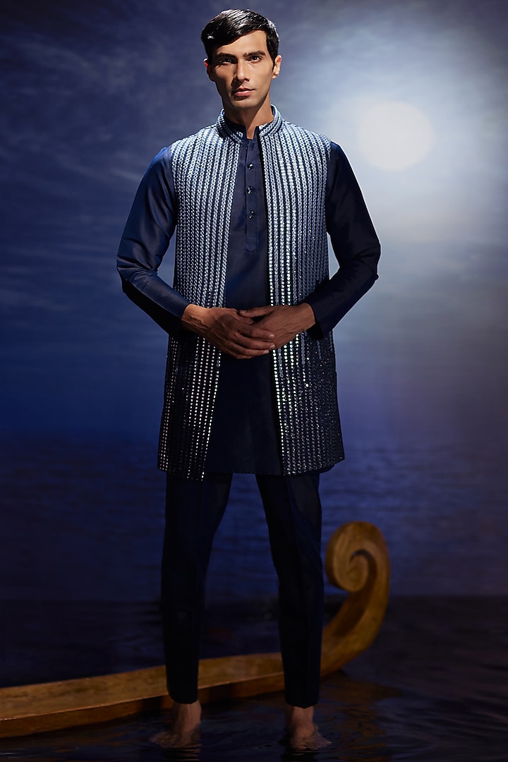 Blue Silk Mirror Hand Embroidered Nehru Jacket Set by Eleven Brothers