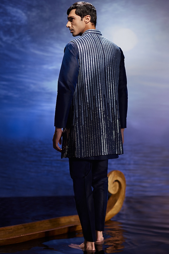 Blue Silk Mirror Hand Embroidered Nehru Jacket Set by Eleven Brothers at Pernia's Pop Up Shop