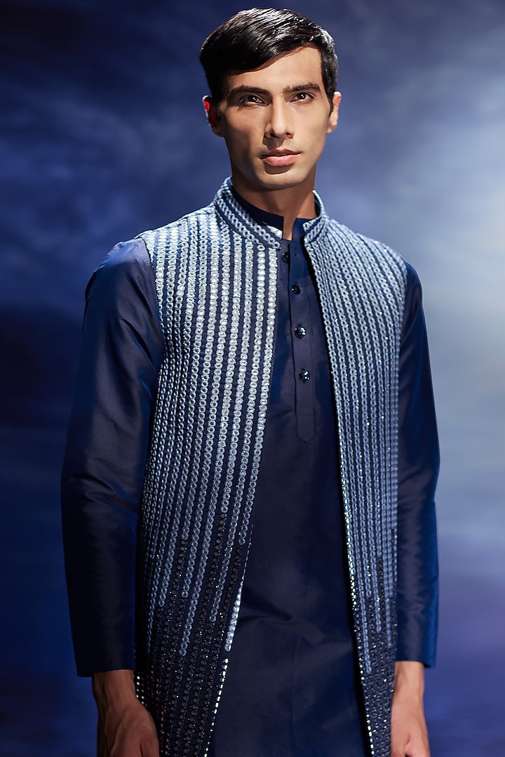Blue Silk Mirror Hand Embroidered Nehru Jacket Set by Eleven Brothers at Pernia's Pop Up Shop
