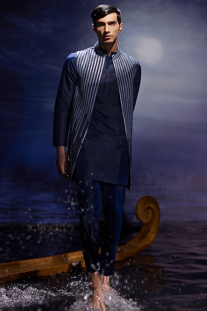Blue Silk Mirror Hand Embroidered Nehru Jacket Set by Eleven Brothers at Pernia's Pop Up Shop