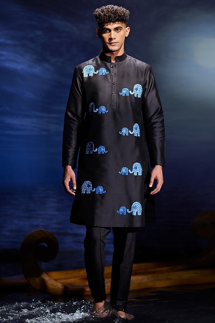 Black Taffeta Silk Mirror Hand Embroidered Kurta Set by Eleven Brothers