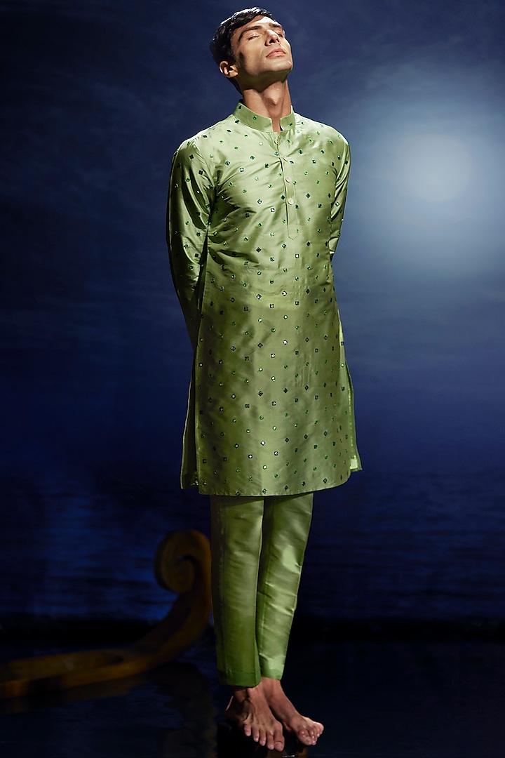 Green Taffeta Silk Mirror Hand Embroidered Kurta Set by Eleven Brothers