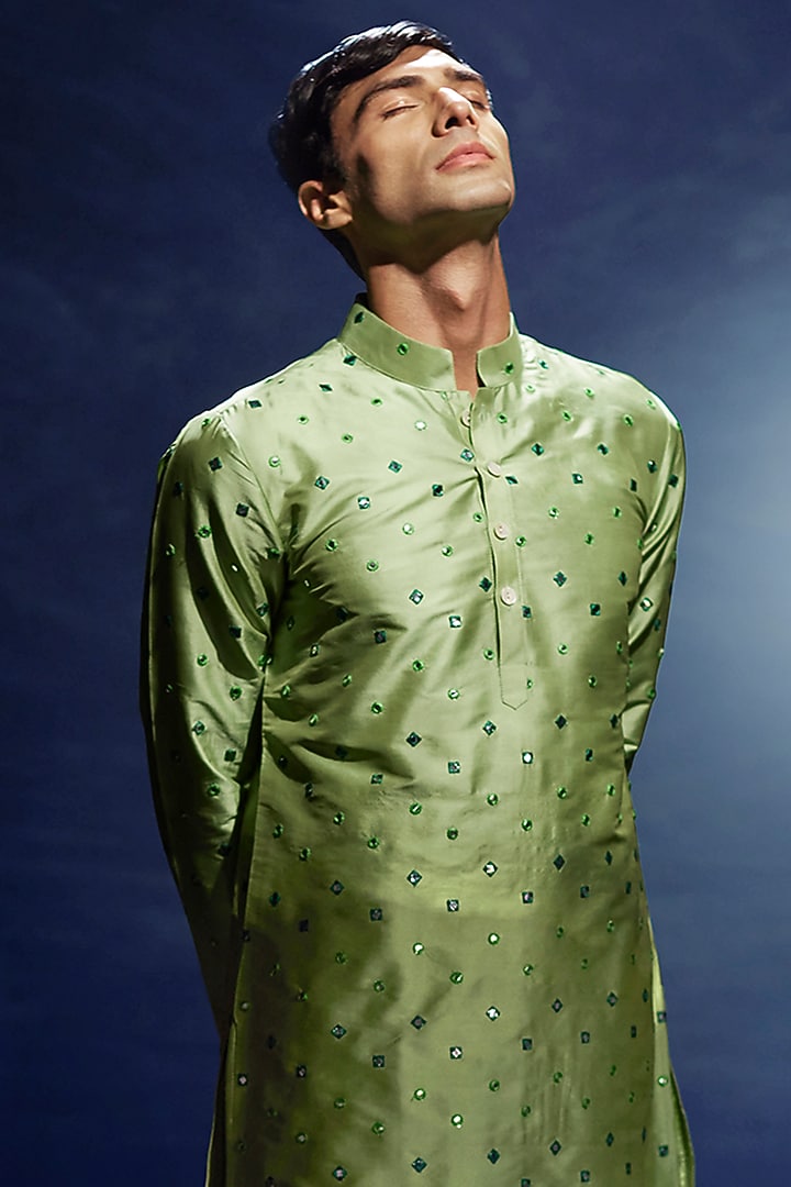 Green Taffeta Silk Mirror Hand Embroidered Kurta Set by Eleven Brothers at Pernia's Pop Up Shop