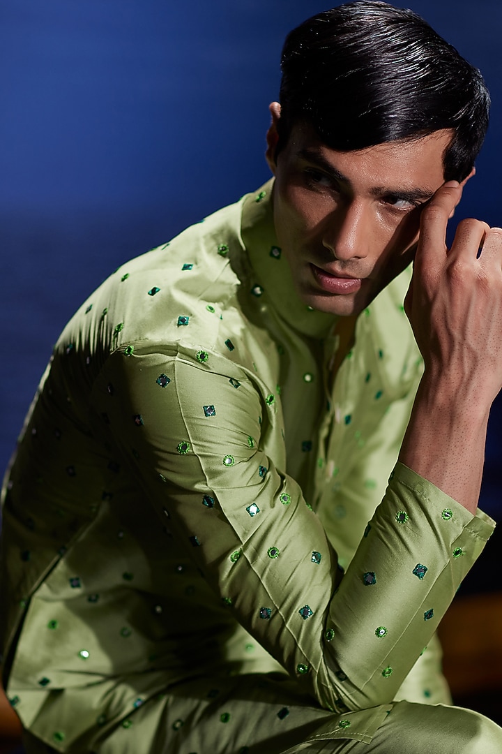 Green Taffeta Silk Mirror Hand Embroidered Kurta Set by Eleven Brothers at Pernia's Pop Up Shop