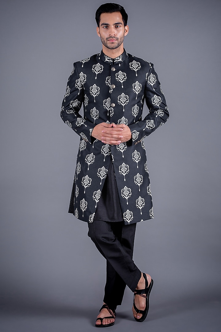 Pearl Black Printed Handcrafted Sherwani Set by Eleven Brothers