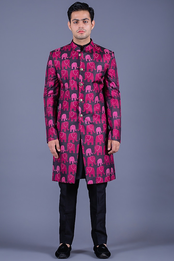 Chestnut Black Printed Handcrafted Sherwani Set by Eleven Brothers