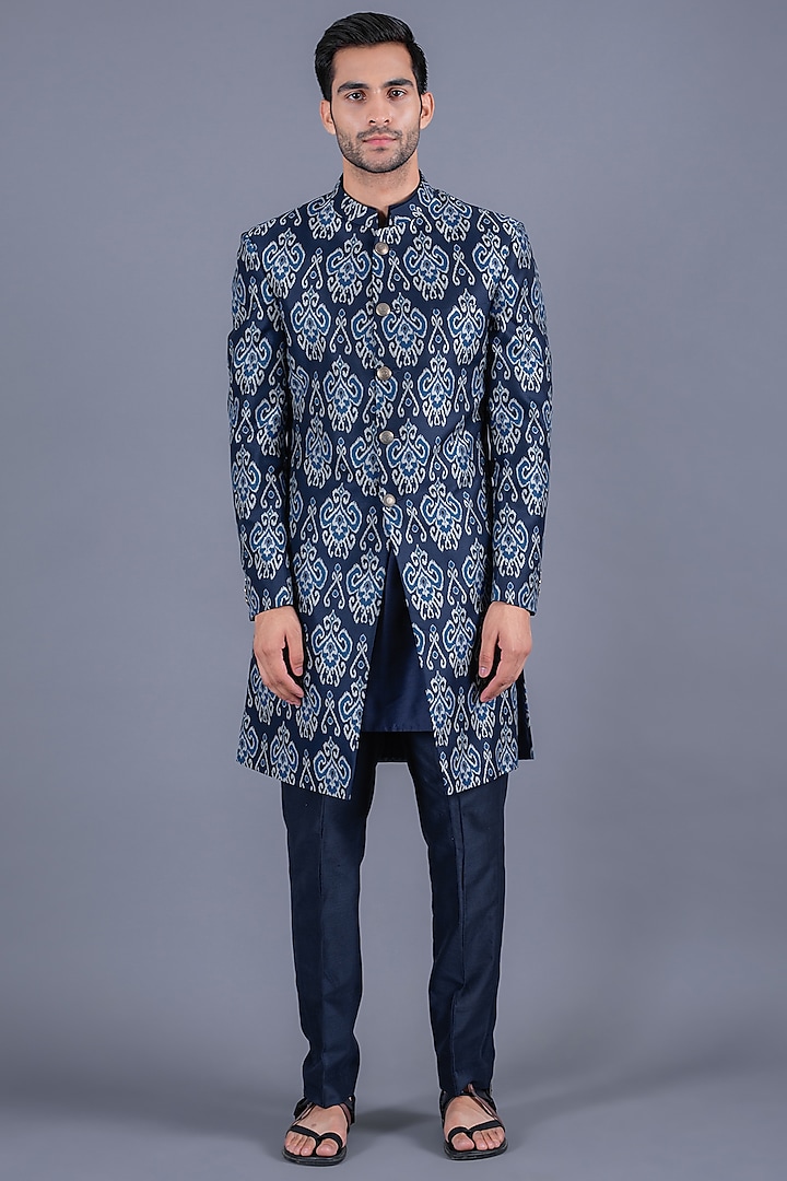 Medieval Blue Printed Handcrafted Sherwani Set by Eleven Brothers