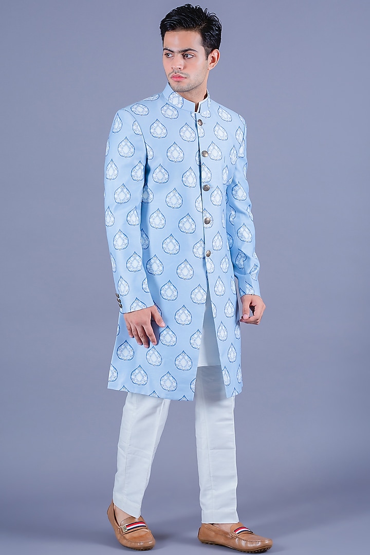 Baby Blue Printed Handcrafted Sherwani Set by Eleven Brothers