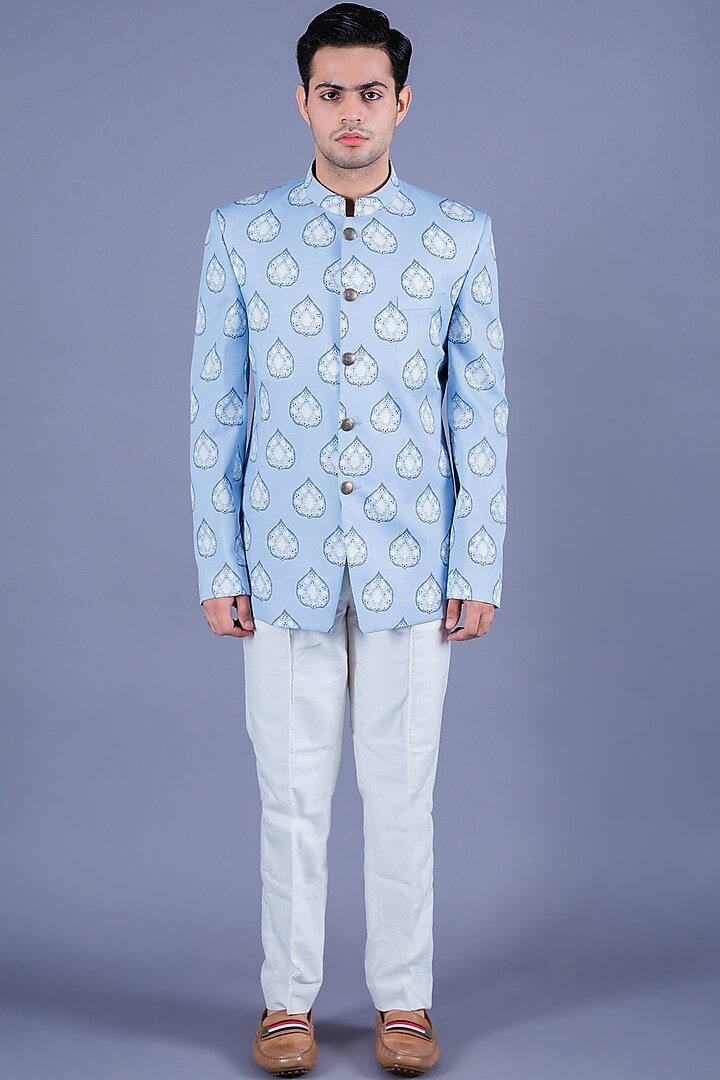 Baby Blue Handcrafted Bandhgala Jacket Set by Eleven Brothers