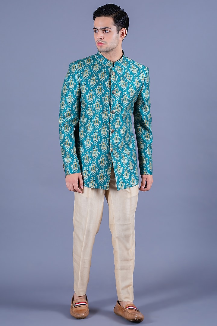 Dark Turquoise Handcrafted Bandhgala Jacket Set by Eleven Brothers