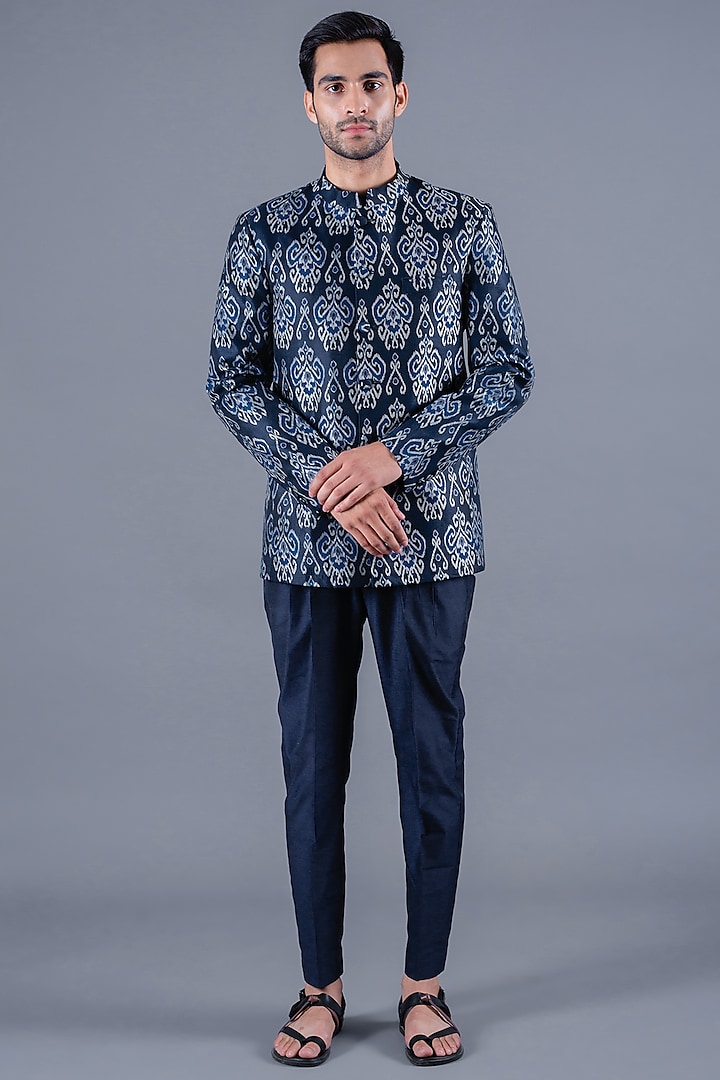 Dark Blue Handcrafted Bandhgala Jacket Set by Eleven Brothers
