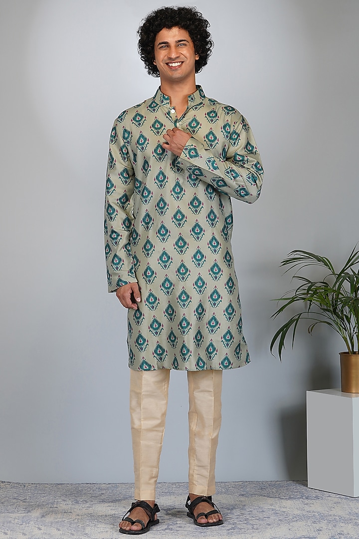 Green Mulberry Silk Printed Kurta Set by Eleven Brothers