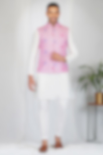 Pink Handcrafted Nehru Jacket With Kurta Set by Eleven Brothers