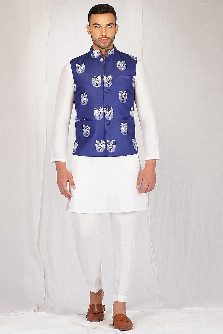 Blue Printed Handcrafted Nehru Jacket With Kurta Set by Eleven Brothers