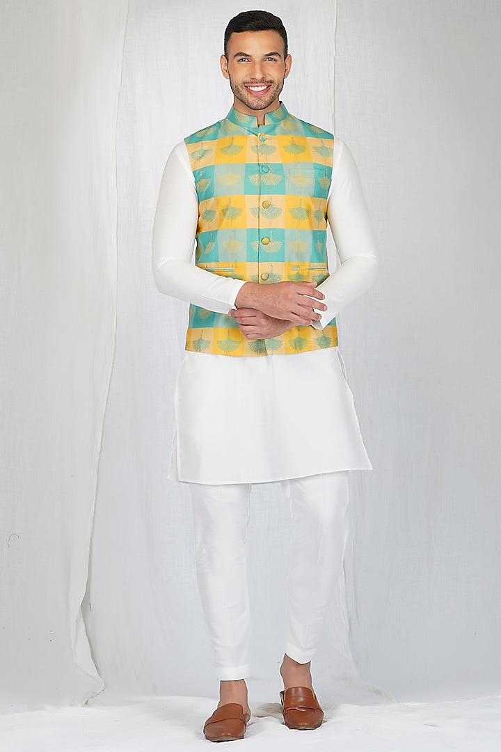 Blue & Yellow Handcrafted Nehru Jacket With Kurta Set by Eleven Brothers