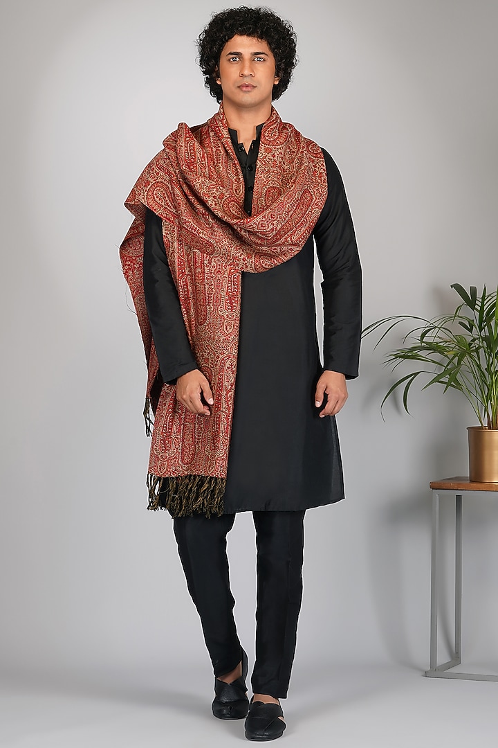 Red Embroidered Handcrafted Shawl by Eleven Brothers at Pernia's Pop Up Shop