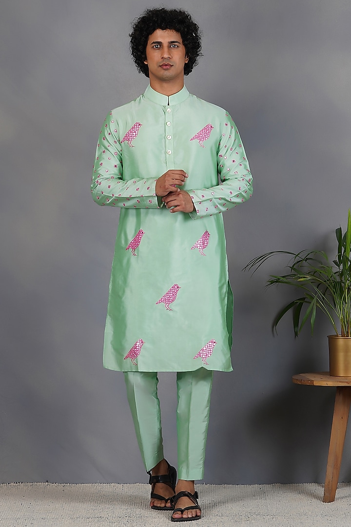 Green Silk Kurta Set With Foil Mirror Work by Eleven Brothers