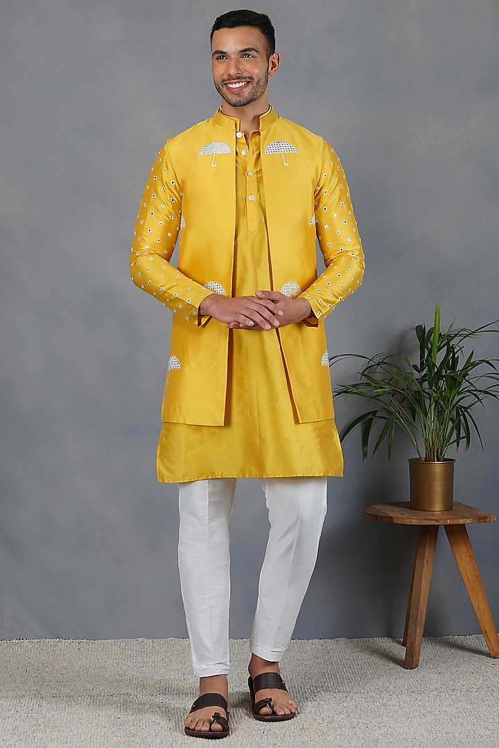 Yellow Silk Indowestern Set by Eleven Brothers