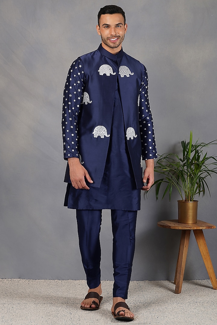 Navy Blue Silk Indowestern Set by Eleven Brothers