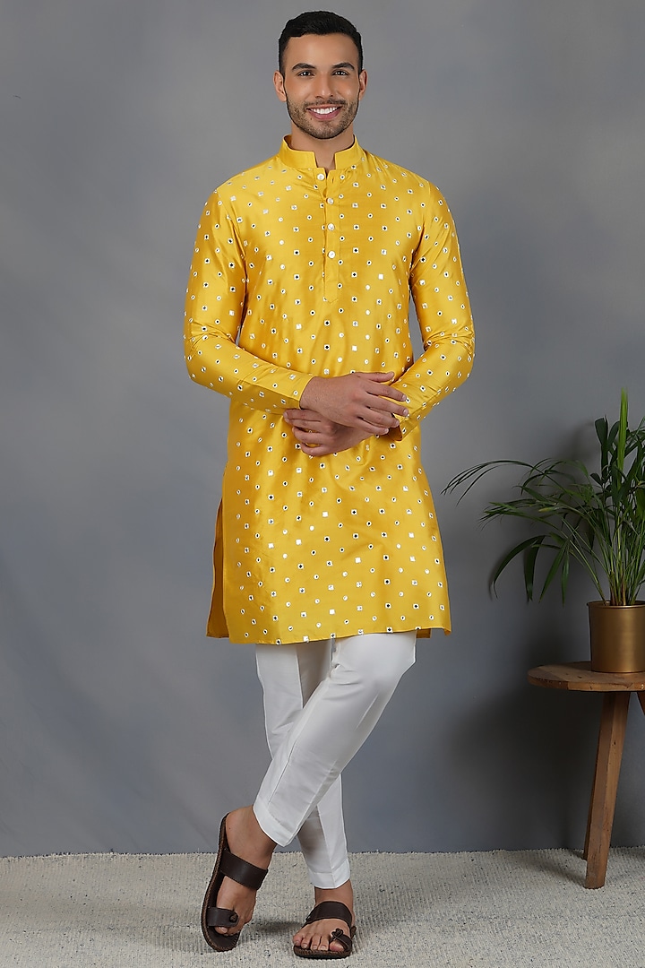 Yellow Silk Kurta Set With Foil Mirror Work by Eleven Brothers