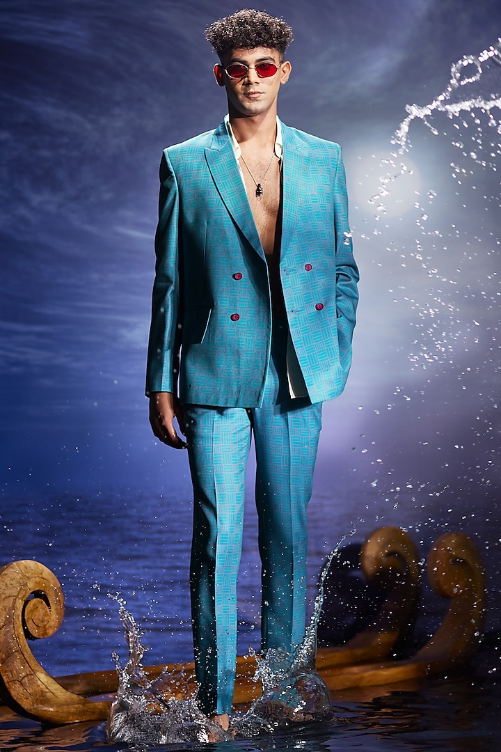 Jade blue Italian Twill Blazer Set by Eleven Brothers at Pernia's Pop Up Shop