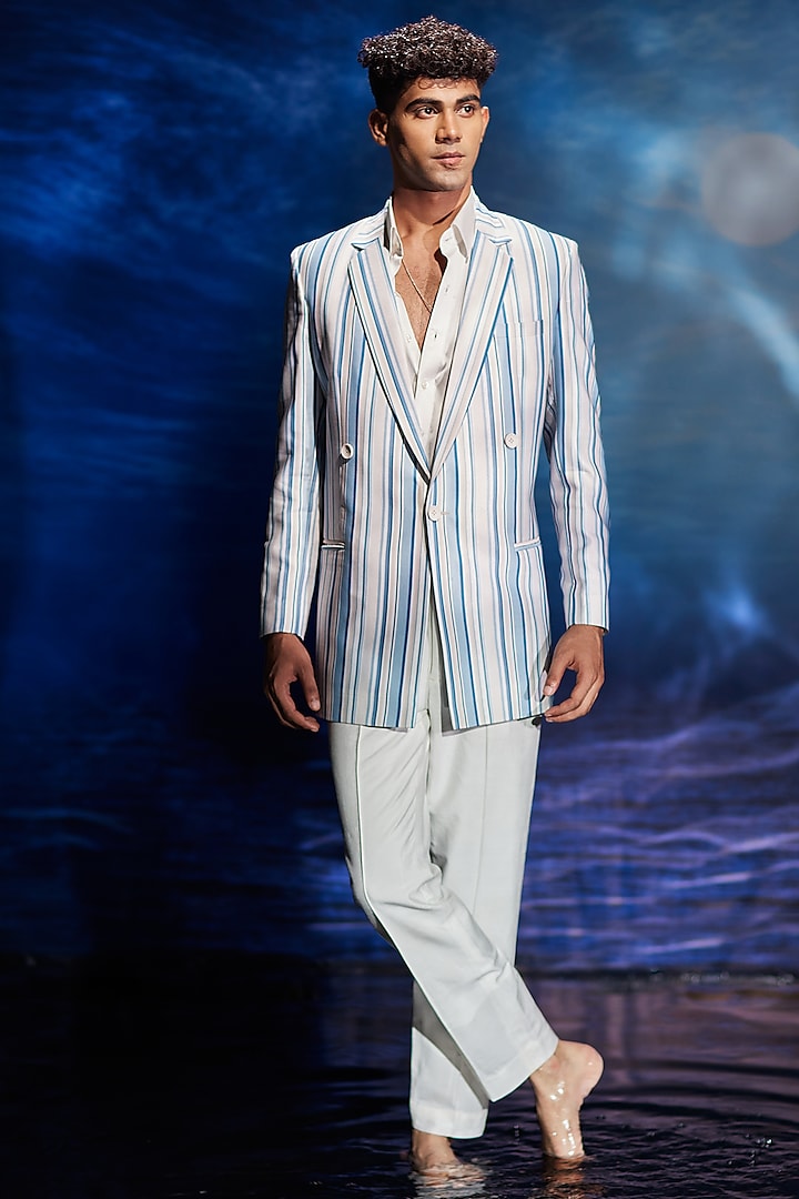 Azure Blue & White Italian Summer Twill Blazer by Eleven Brothers at Pernia's Pop Up Shop